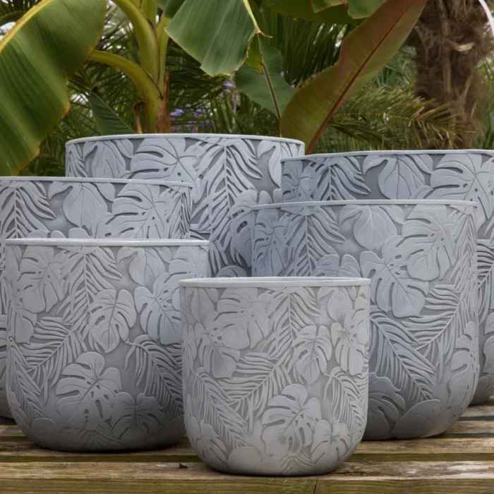 Patterned Tropical Planter - White Grey