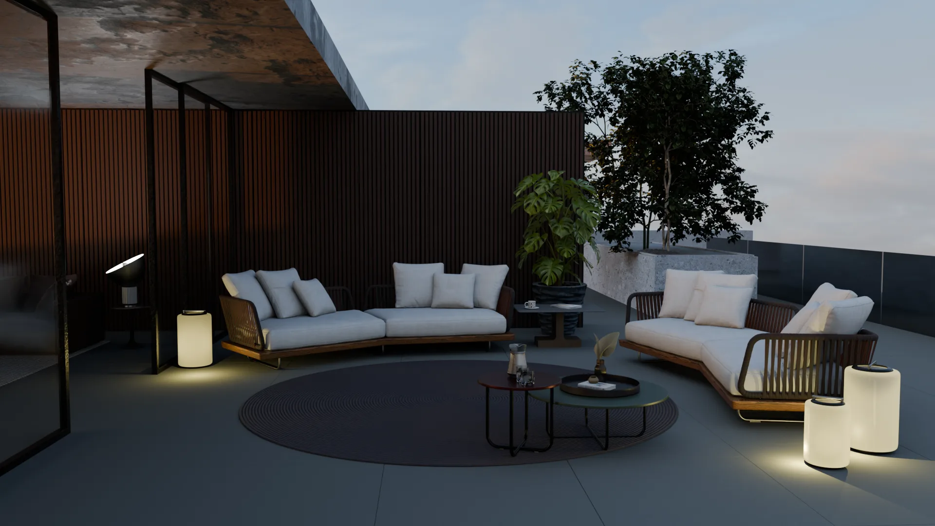 Mortimer Sofa Set at Dusk with Lanterns