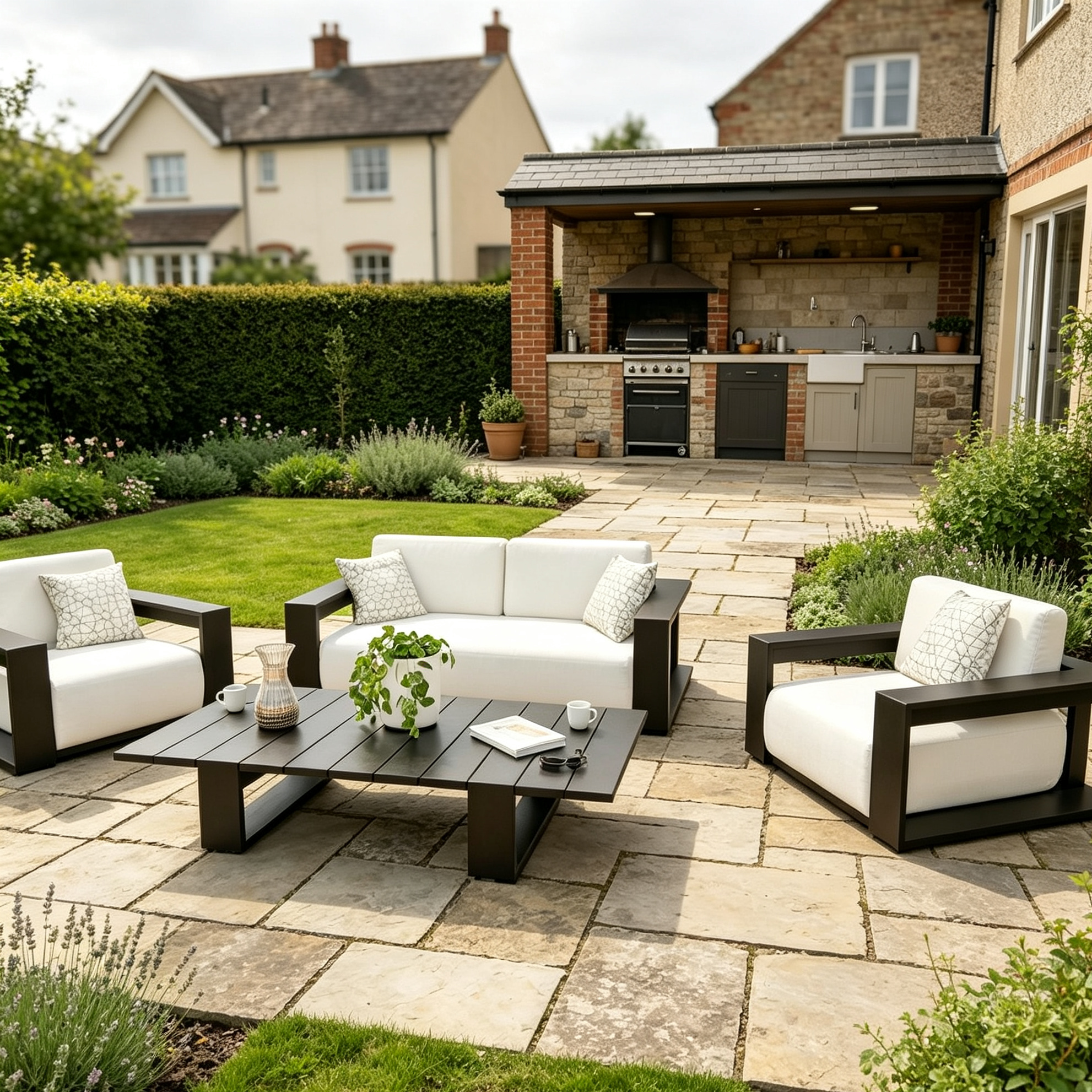 Lounge set in UK Outdoor garden with outdoor Kitchen