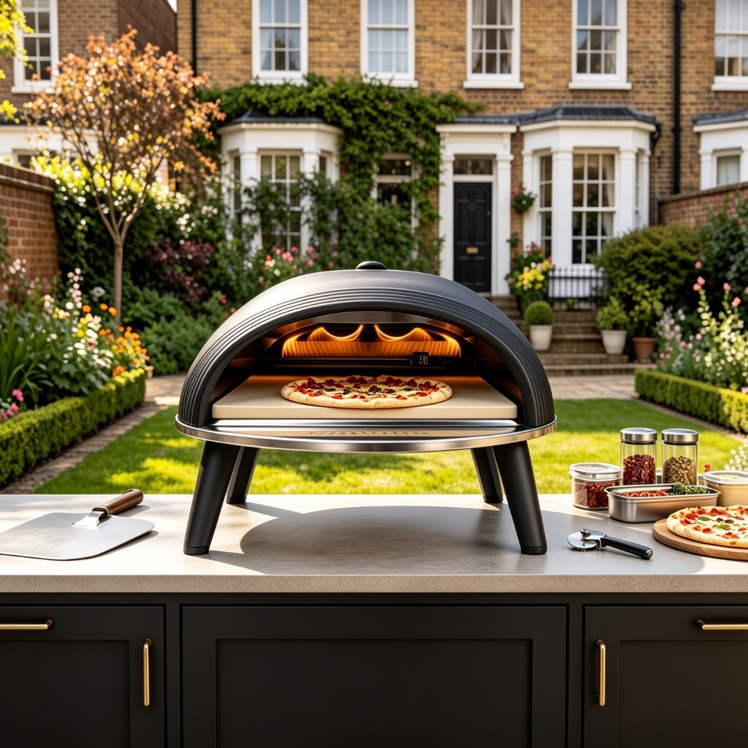 Delivita Diavolo gas-fired pizza oven in black, outdoor kitchen setup