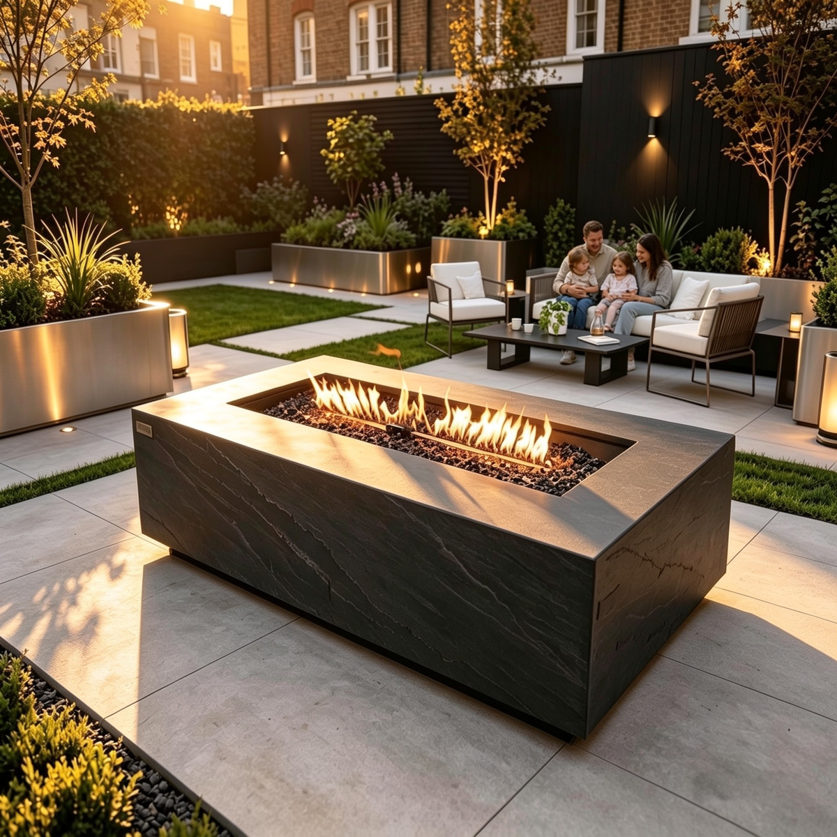 Outdoor fire table for garden kitchen ambience