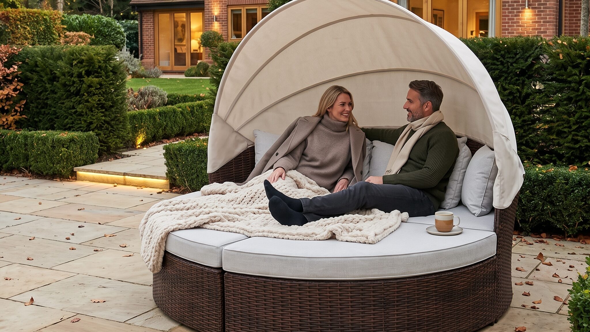 Couple enjoying Oxford Outdoor Living's Walton Daybed in the autumn